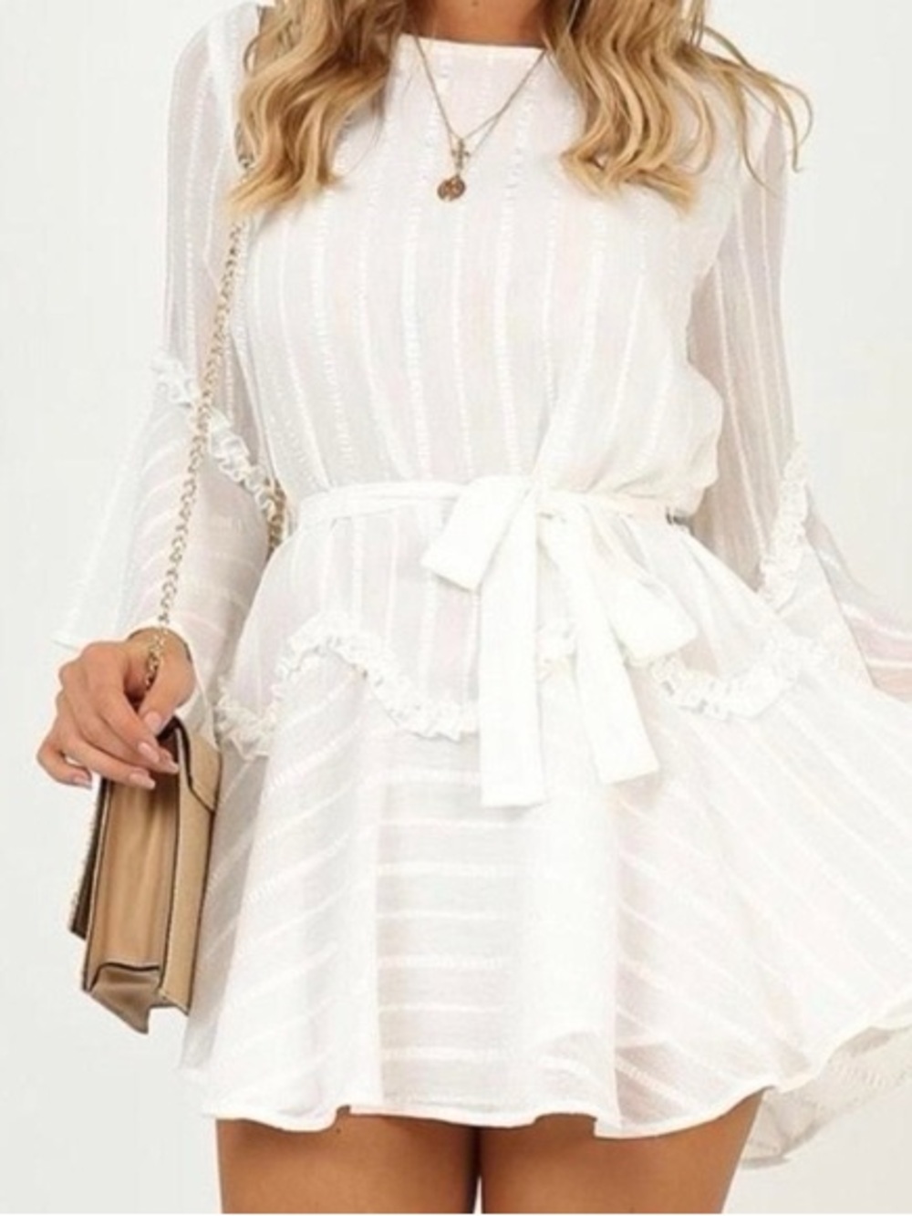 Showpo White Ruffle Long Sleeve Mini Dress